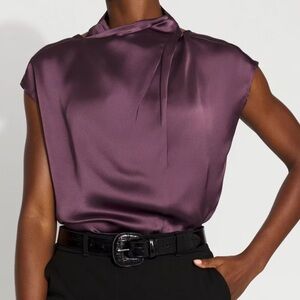 Satin Draped Sleeveless Blouse in Plum